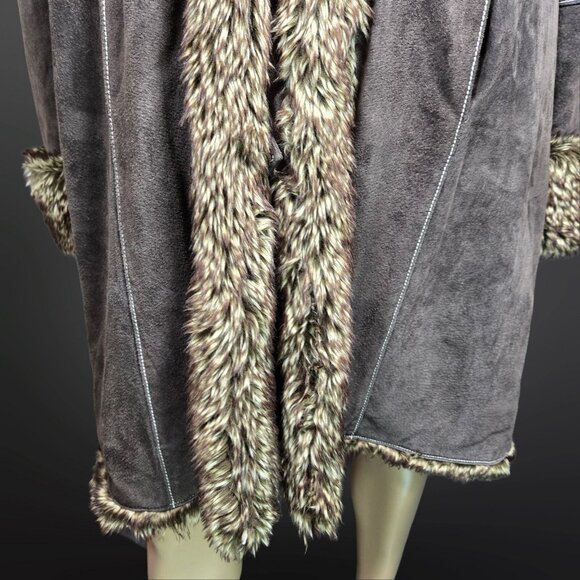 Y2K Penny Lane Coat Size XL Boho Brown Suede Leather Faux Fur Trim Long - Picture 3 of 15